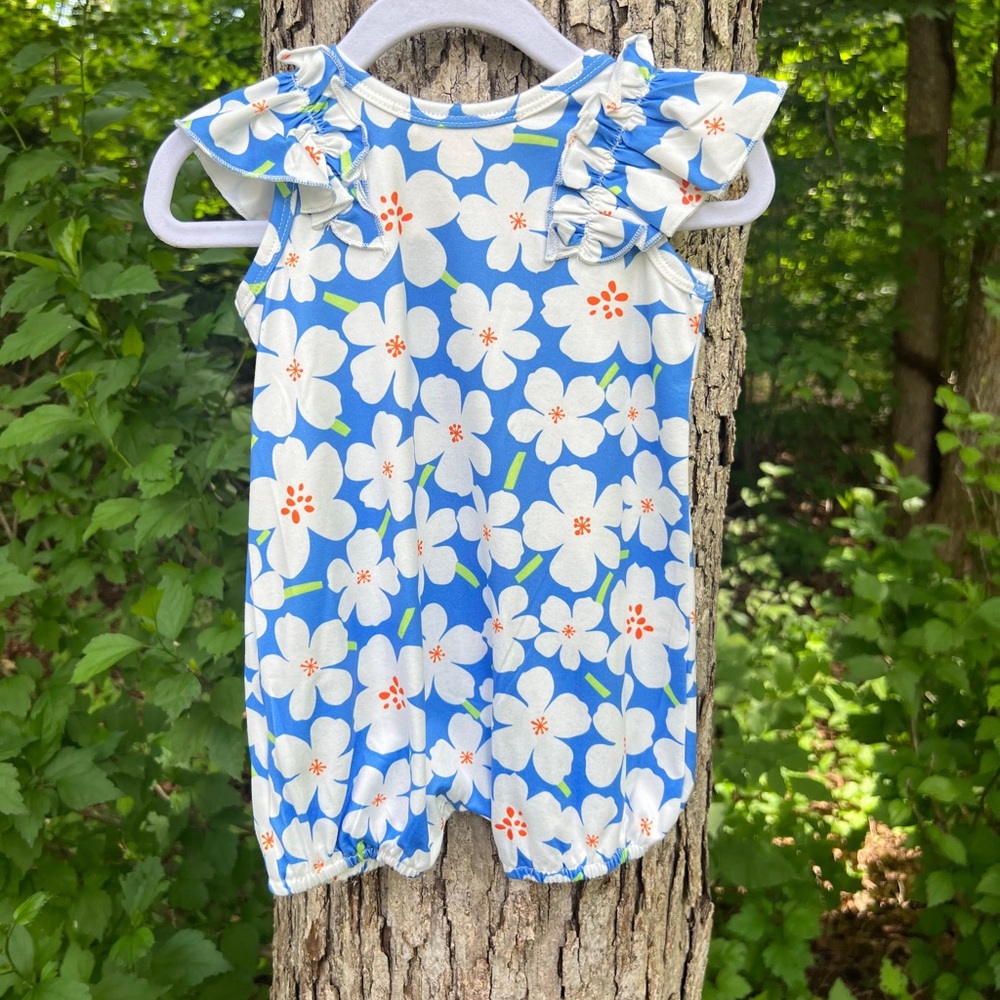NWOT Blue Floral Baby Girls Aloha Romper with Ruffle Sleeves